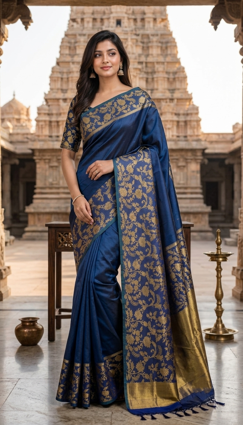 রয়েল ব্লু কাশ্মেরি কানি শাড়ি ব্লাউজ পিছ সহ